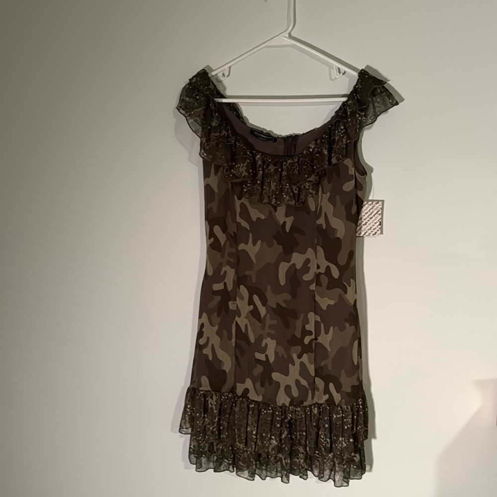 Rina Scimento camouflage print dress with ruffles size small. Made in Italy.
